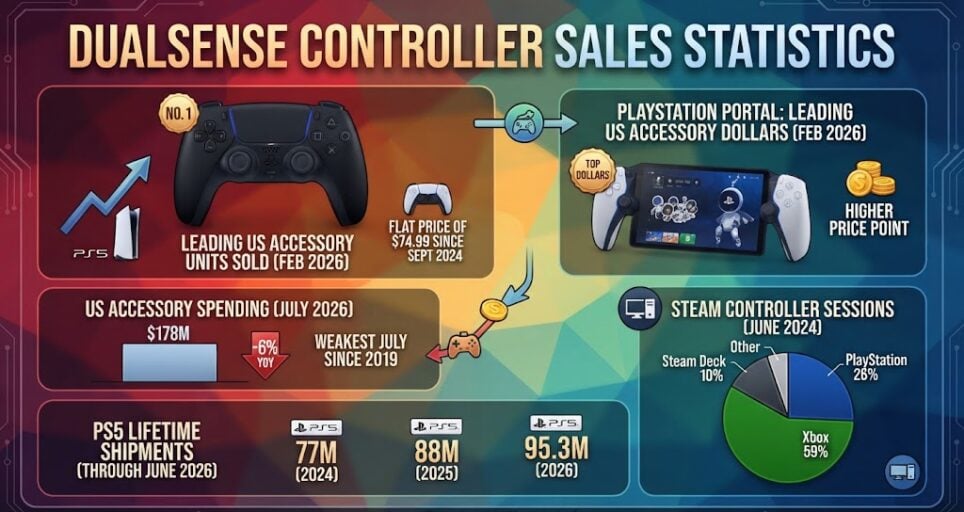 DualSense controller sales statistics showing US accessory rankings, spending trends, PS5 shipments, and Steam usage in 2026.
