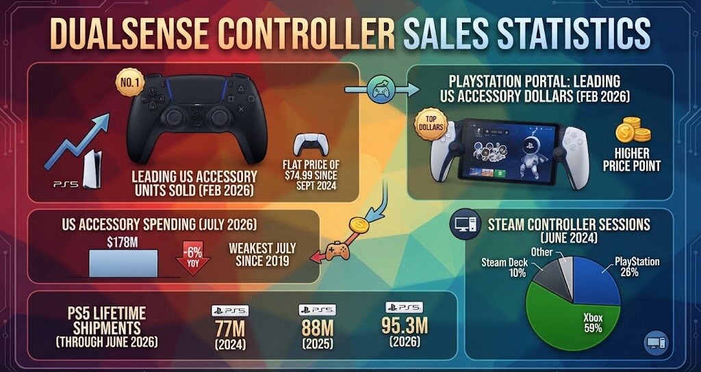 DualSense controller sales statistics showing US accessory rankings, spending trends, PS5 shipments, and Steam usage in 2026.