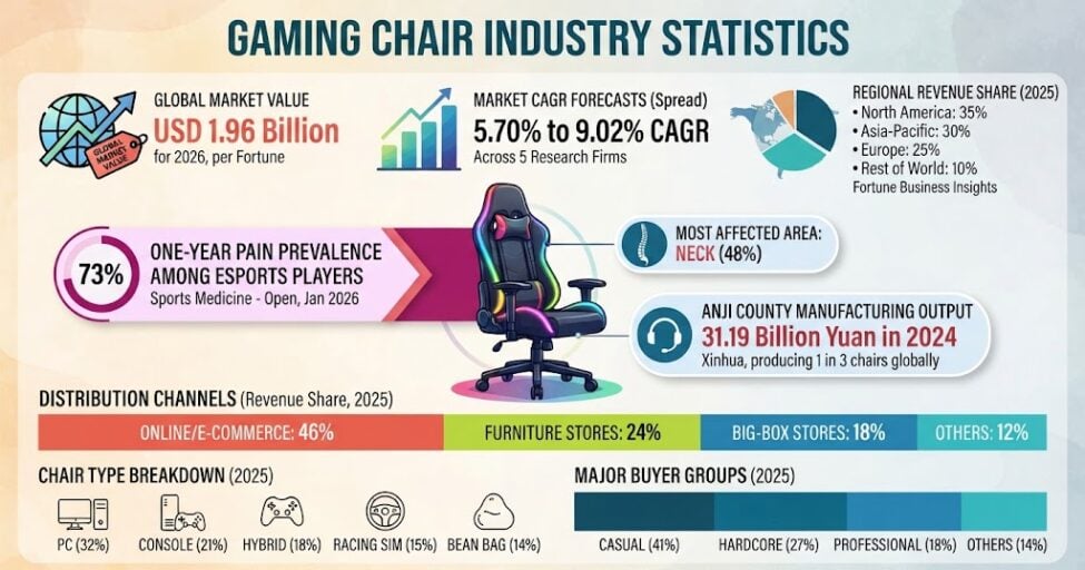 Gaming chair industry statistics covering market size, regional shares, chair types, buyer segments, sales channels, and esports pain prevalence in 2026.