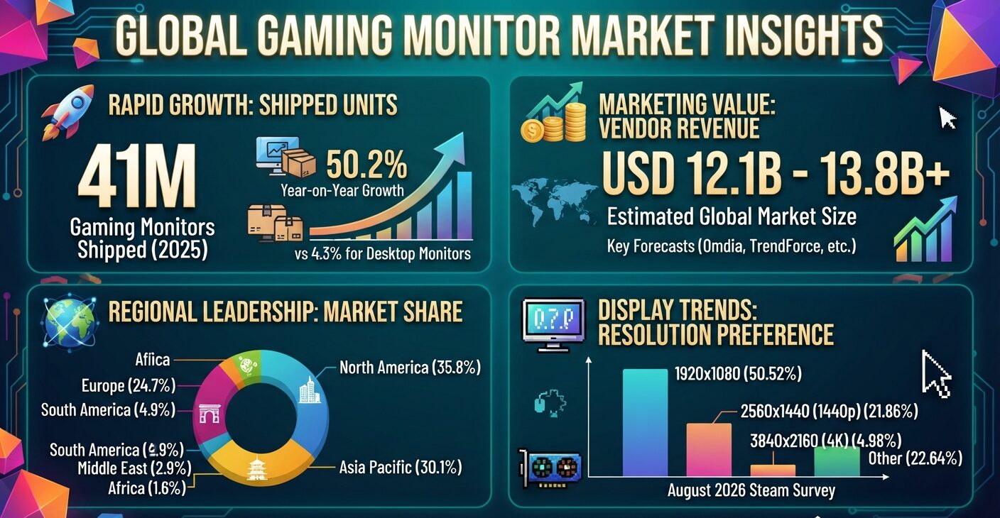 Gaming monitor market size, shipment volumes, OLED brand shares, regional revenue, and PC display resolution statistics for 2026.
