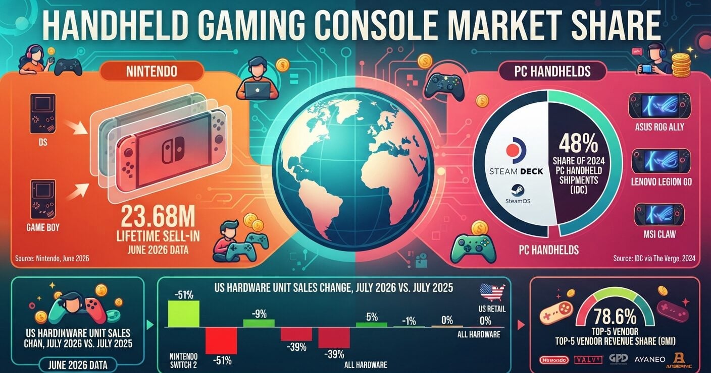 Handheld gaming console market statistics 2026 showing Nintendo Switch 2 sales, Steam Deck share, PC handheld shipments, regional sales, and market revenue.