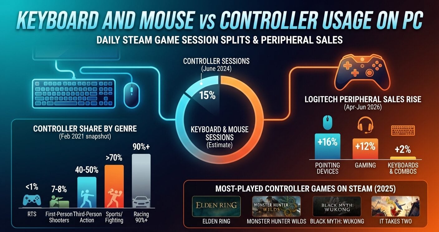 Keyboard and mouse vs controller usage on PC, including Steam controller session share and genre trends.