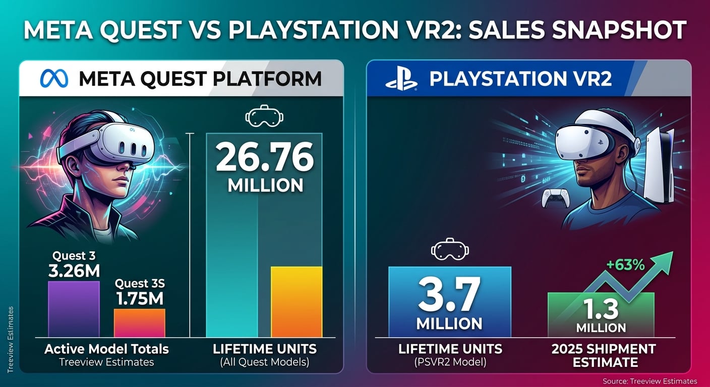 Meta Quest vs PlayStation VR2 sales comparison showing lifetime shipments, annual sales, pricing, Steam usage, and 2026 market statistics.