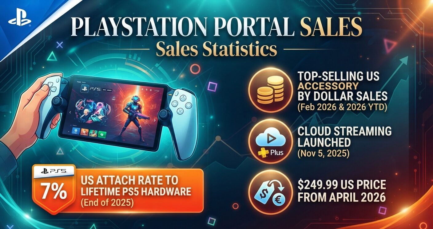 PlayStation Portal sales statistics showing US attach rates, accessory rankings, pricing changes, cloud streaming, and PS5 shipment data in 2026.