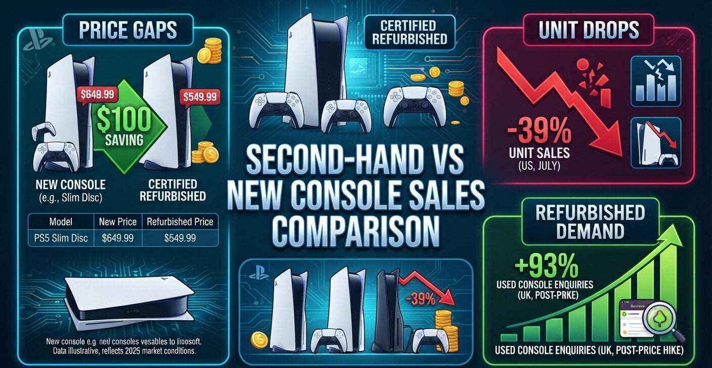 Second-hand vs new console sales showing refurbished price gaps, used demand, and falling new hardware sales.