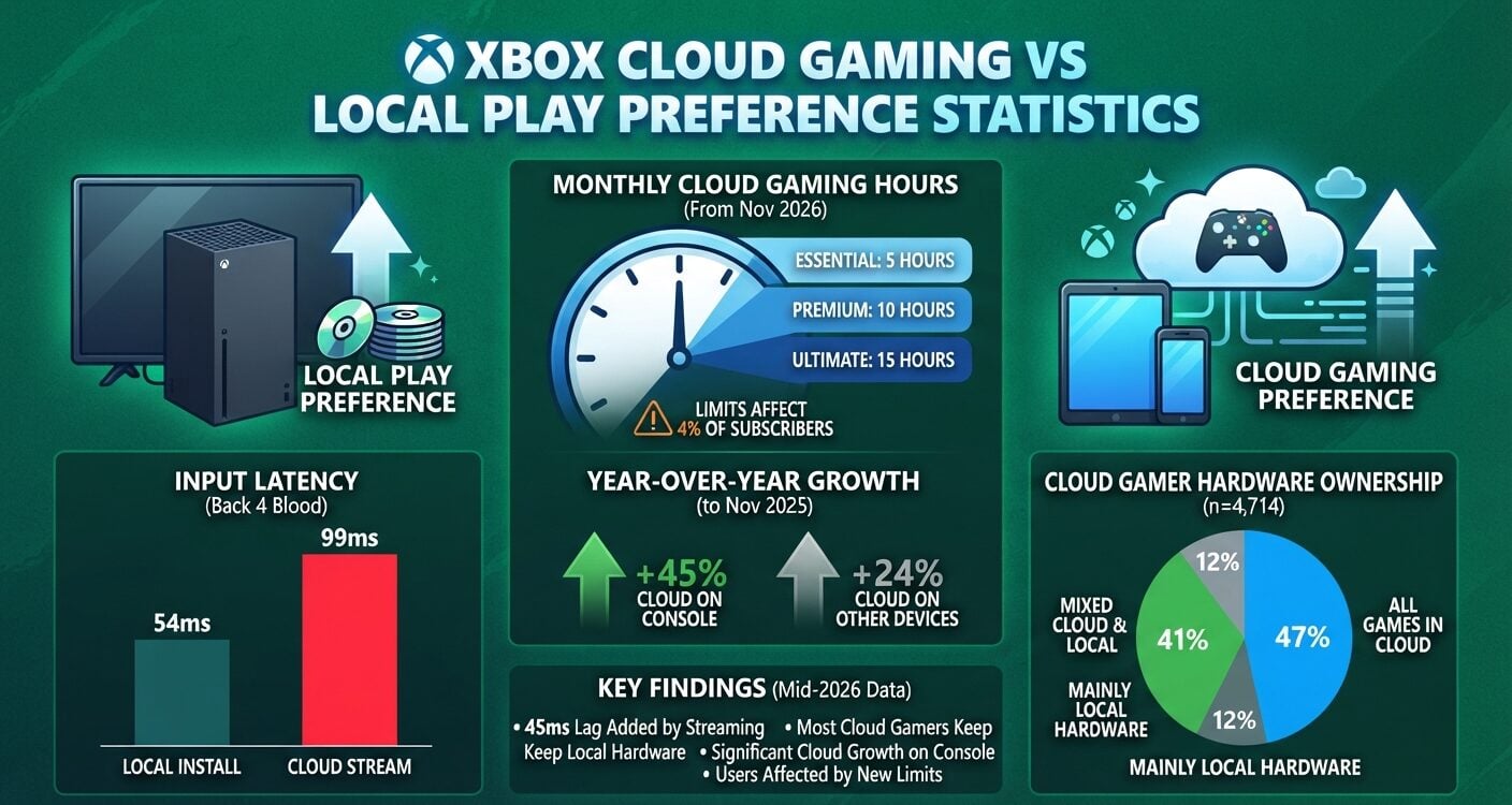 Xbox Cloud Gaming vs local play statistics, covering player preferences, streaming growth, latency, Game Pass limits, console prices, and Xbox revenue in 2026.