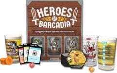 Heroes of Barcadia board game review showing character cups, dungeon tiles, dice, loot cards, gameplay mechanics, pros and cons, and player count.