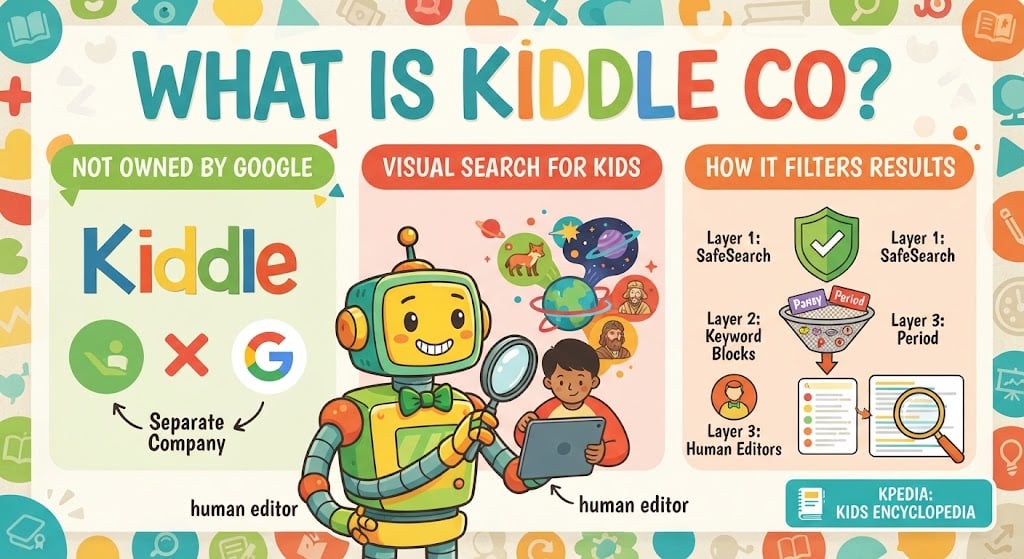 Kiddle.co child-friendly search engine showing filtered search results and Kpedia.