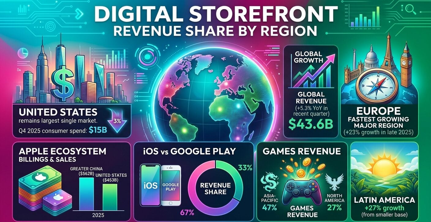 Digital storefront revenue share by region in 2026, comparing app store spending, regional growth, and platform commissions.