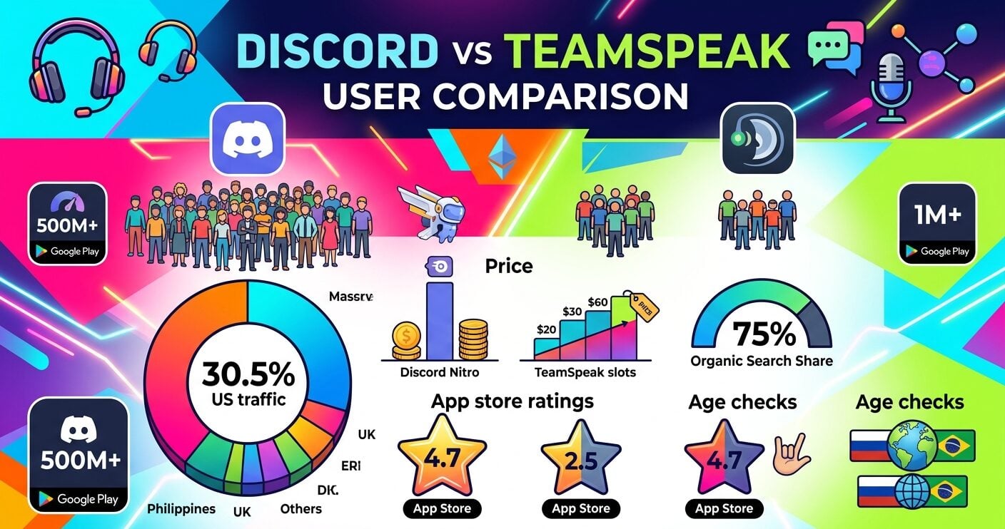 Discord vs TeamSpeak user comparison in 2026, featuring user counts, website traffic, app ratings, and server pricing. Do you like this personality?