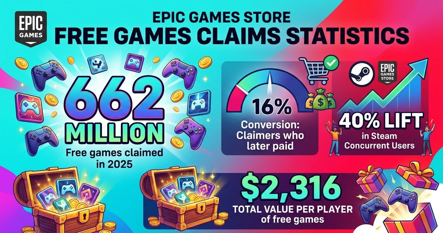 Epic Games Store free games statistics showing 662 million claims in 2025 and 16% conversion to paying customers.