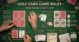 Golf card game review covering rules, scoring, setup, variants, strategy, player count, gameplay, pros, cons, and similar card games.