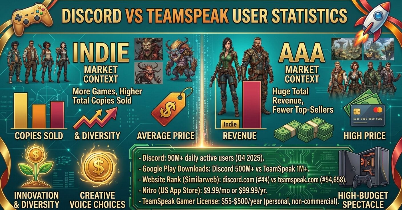 Discord vs TeamSpeak statistics for 2026, comparing users, downloads, web traffic, privacy, age verification, and server pricing.
