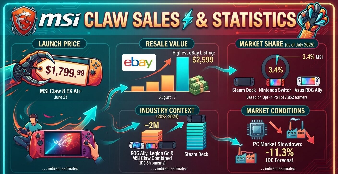 Explore MSI Claw statistics for 2026, including sales estimates, gamer adoption, model prices, resale listings, and handheld PC shipment trends. MSI has not disclosed official Claw sales figures.