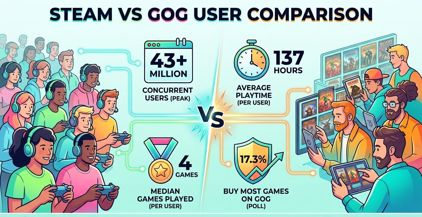 Steam vs GOG user comparison 2026, covering player counts, revenue, game catalogues, play habits, store preferences, and platform statistics.