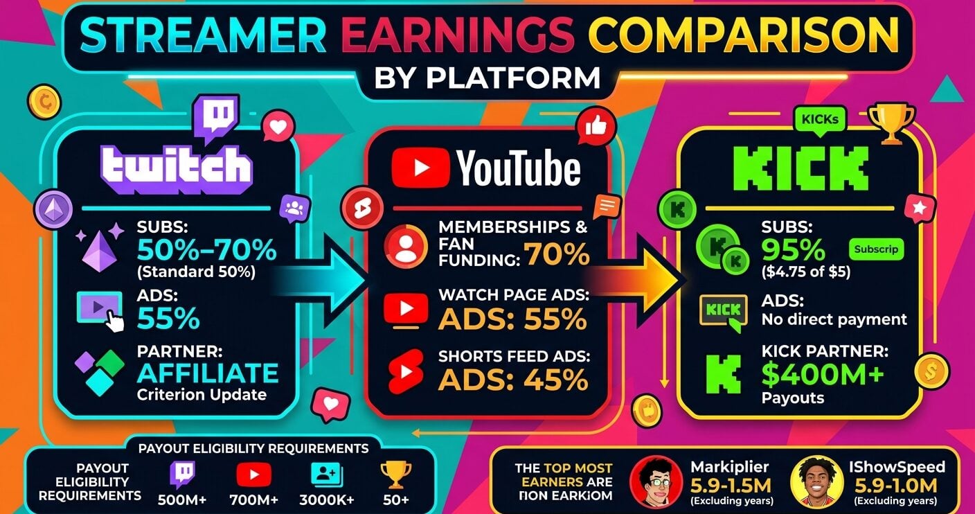 Streamer earnings comparison in 2026: Twitch, YouTube and Kick revenue splits, subscription payouts, ad earnings and top creator incomes.