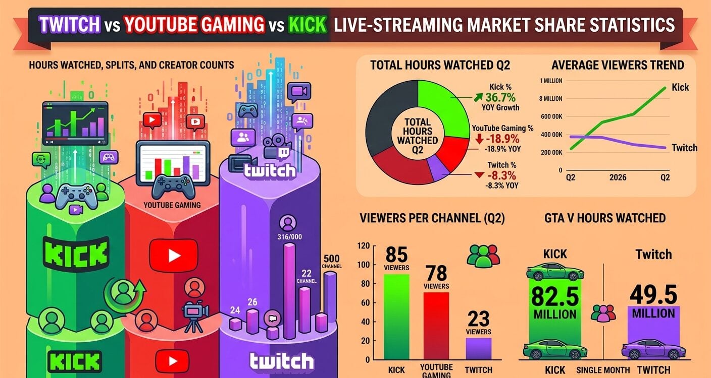 Twitch vs YouTube Gaming vs Kick market share in 2026, comparing hours watched, quarterly trends, creator counts, and viewership growth.