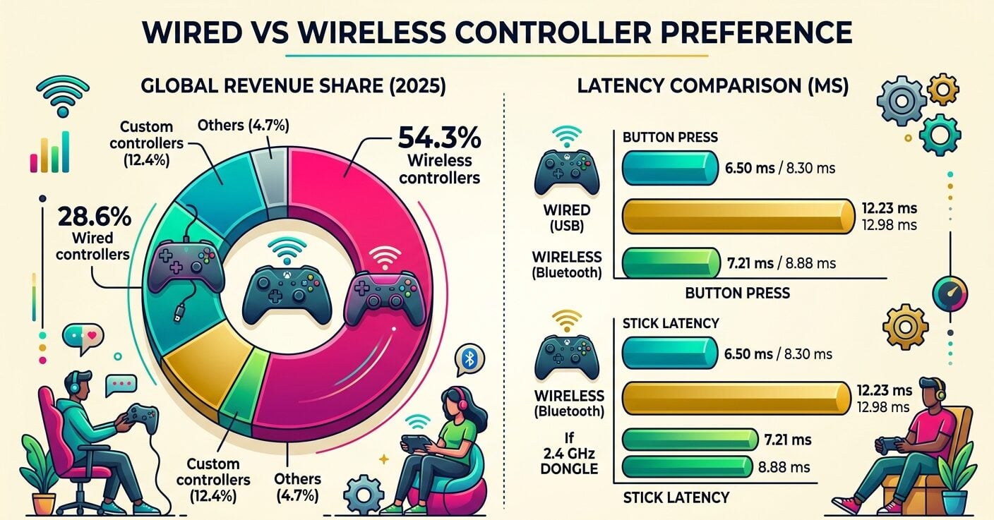 Wired vs wireless controller statistics 2026 comparing market share, input latency, Bluetooth interference, esports rules, pricing, and battery life.